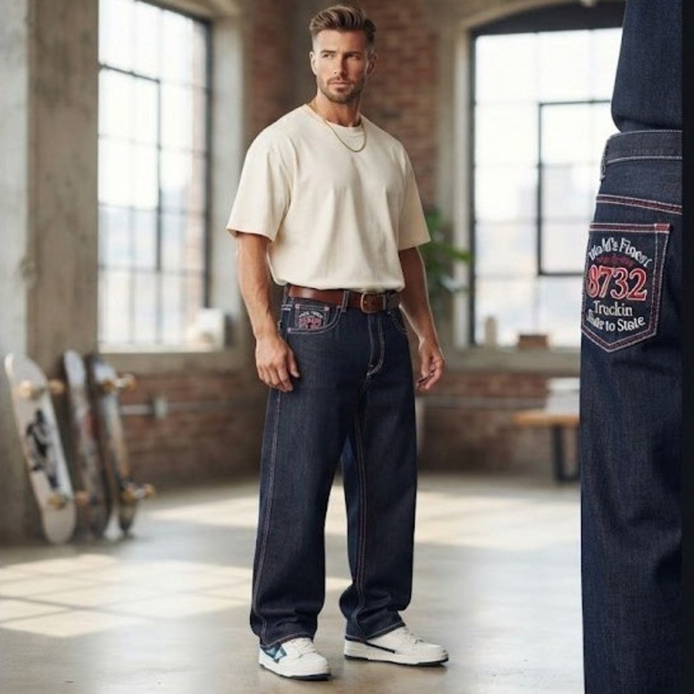 Eight 732 Jeans Mens 42x34 Indigo Blue Excellent Embroidered Baggy Streetwear